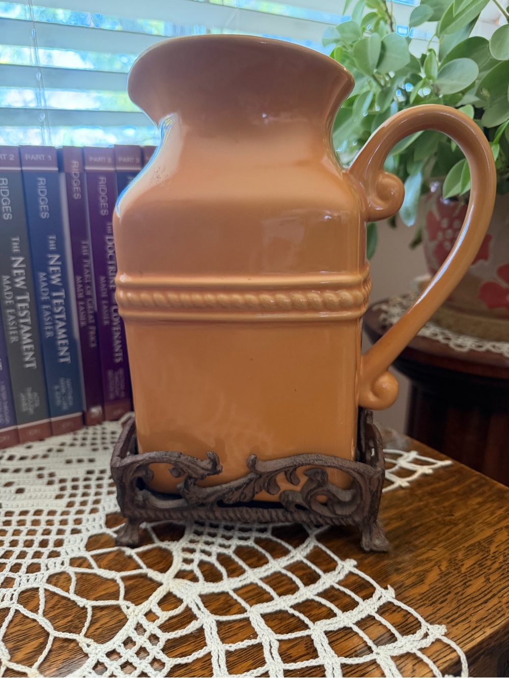 “BELAVERRA” Acorn Apricot/Orange Pitcher W/Scrolled Wrought Iron Trinket Stand.
